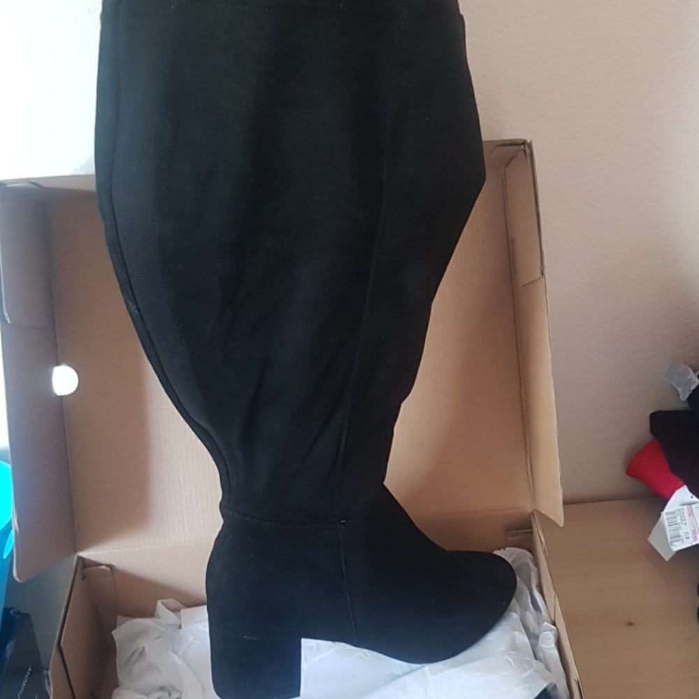 Black Knee High Black Stretch Boots, Size 11WW